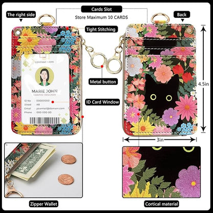 bolimoss Black Cat Flower Lanyard Wallet, Pu Leather Women Zid ID Case - Image 4