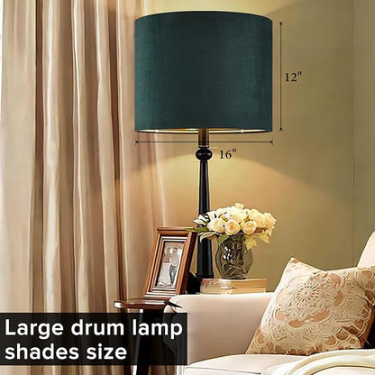 Green Velvet Lampshades Set of 2 Large Drum Lamp Shade 16" Top x 16" Bottom x - Image 4