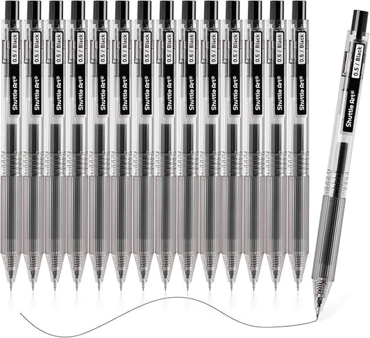 Shuttle Art Black Gel Pens, Ink Glide Series 15 Pack Retractable 0.5mm Fine by ShuttleArt