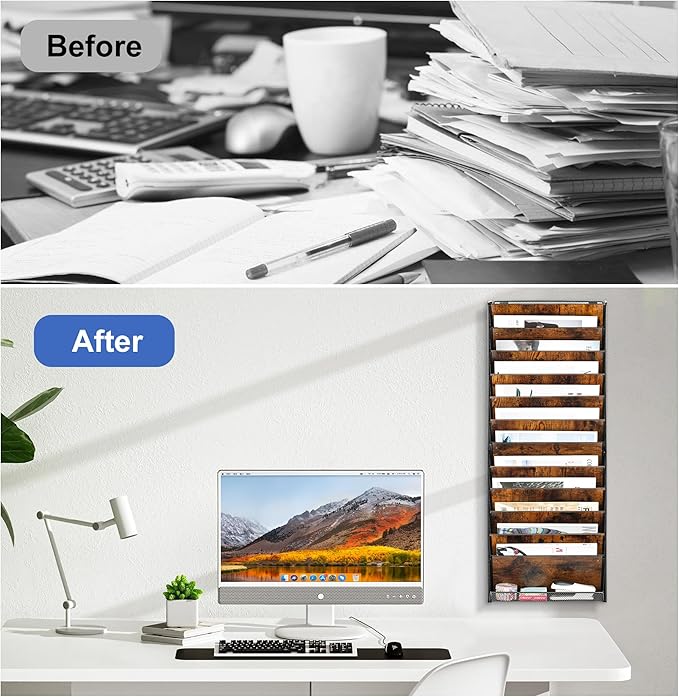 Solinxe 12-Tier Wall File Organizer, Wood Mail Organizer Wall Mounted Paper - Image 9
