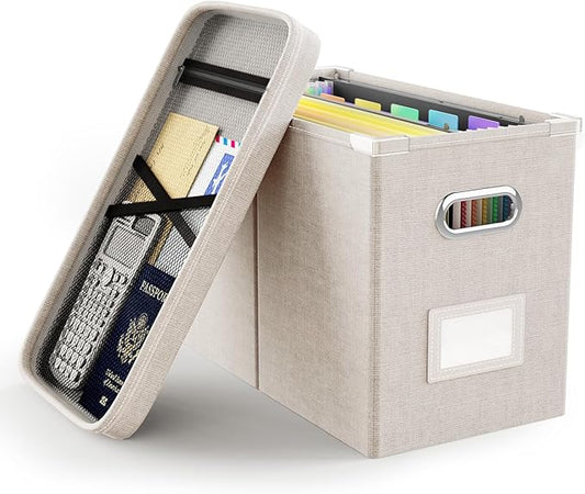Oterri File Organizer Box with Lid, Hanging Filing File Box with Mesh Pocket by Oterri