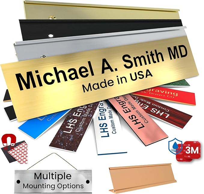 Engraved Name Plates for Desk and Door Signs Personalized Brushed Brass Plastic by LHS+My+Business