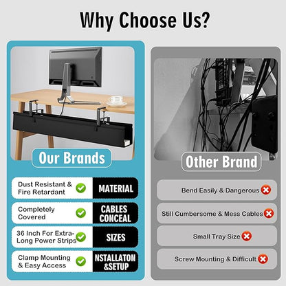 Desk Cable Management Tray, Fabric Cable Organizer, No Drill Large Clamp/Screw - Image 3