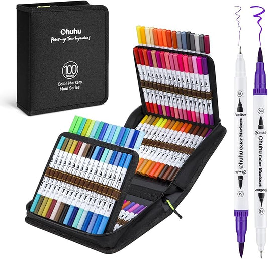 Ohuhu Markers for Adult Coloring Books No Bleeding 100 Colors Water-based Dual by Ohuhu