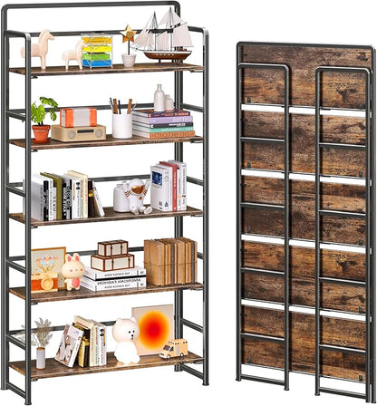 4NM No Assembly Extra Wide 5 Tiers Folding Bookshelf Storage Shelves Vintage by 4NM
