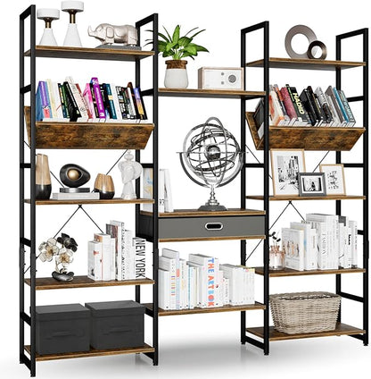 NUMENN Triple Wide 5 Tier Bookshelf, Adjustable Rustic Industrial Style Book by NUMENN