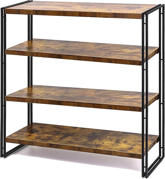 HCHQHS Bookshelf, 4-Tier Industrial Bookcase, Rustic Wood and Metal Open by HCHQHS
