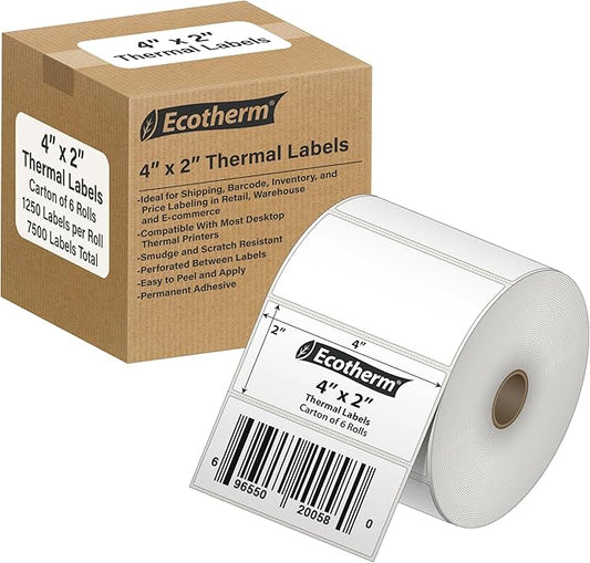4" x 2" Thermal Labels | 6 Rolls | 7500 Labels | fits Zebra, Offnova Thermal by EcothermProducts