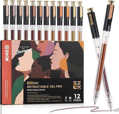 Retractable Glitter Gel Pens, 12 Colors Large Capacity Skin Tone Glitter by ZSCM