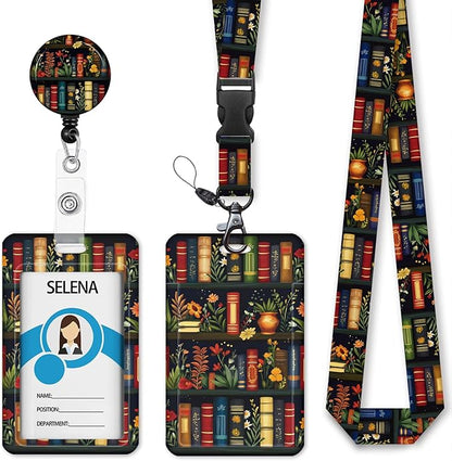 Floral Bookshelf Lanyards for ID Badges, Badge Holder by Mcapirivo