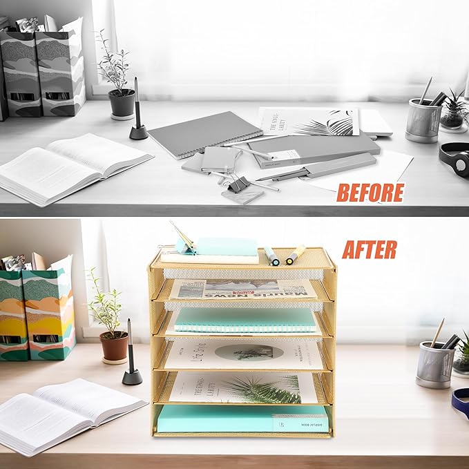 EASEPRES 5 Slot Mesh Desk Organizer Tray, File Paper Letter Folder Holder - Image 3