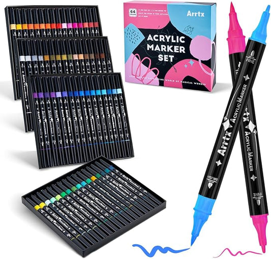 Arrtx Acrylic Paint Markers 64 Colors, Dual Tip Acrylic Paint Pens by Arrtx
