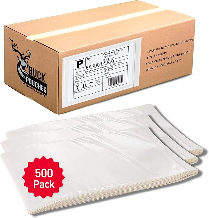 500 Pack 6"x9" Shipping Label Sleeves – Clear Self-Adhesive Packing Slip Pouches by BuckUSA