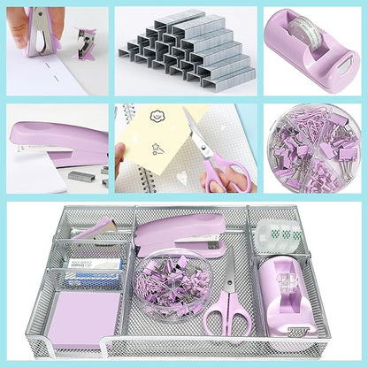 Purple Office Desk Accessories, Stapler and Tape Dispenser Set, Staple Remover - Image 4