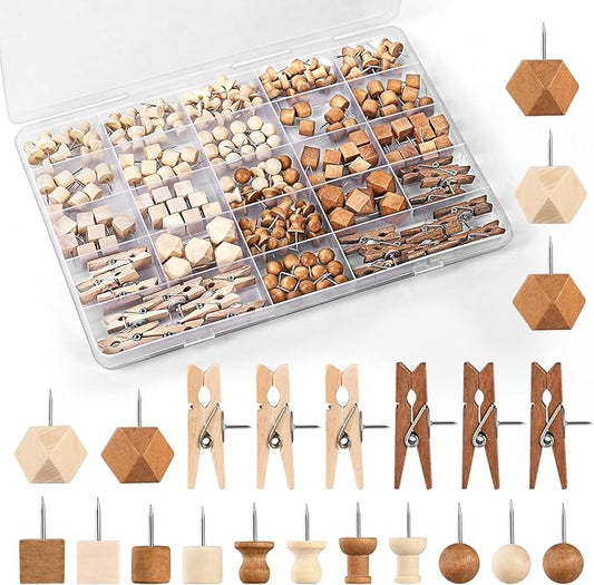 GOOLADA 200Pcs Wood Push Pins 7 Types and 2 Colors Wood Tacks Cute Push Pin by GOOLADA
