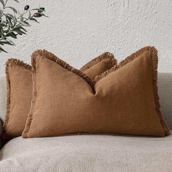 Foindtower Set of 2 Decorative Linen Fringe Lumbar Throw Pillow Covers by Foindtower