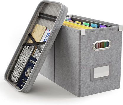 Oterri File Organizer Box with Lid, Hanging Filing File Box with Mesh Pocket by Oterri