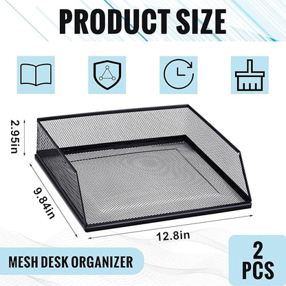 Hicarer 2 Pcs Black Metal Letter Tray Stackable Desk Tray Single Wire Mesh - Image 3