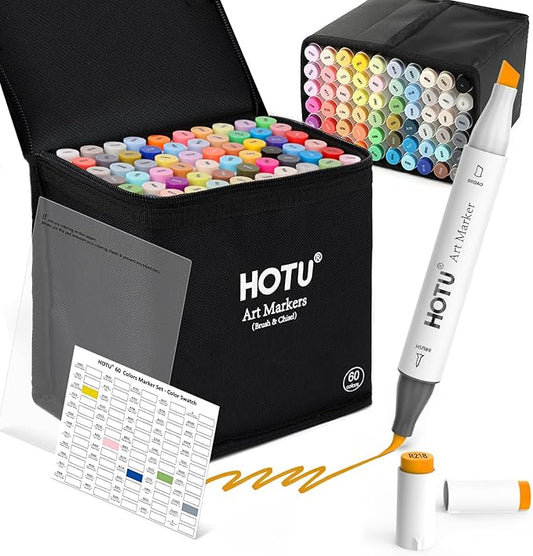 HOTU Alcohol Markers Brush Tip -60 Virant Colors Daul Tips Art Markers Set by HOTU