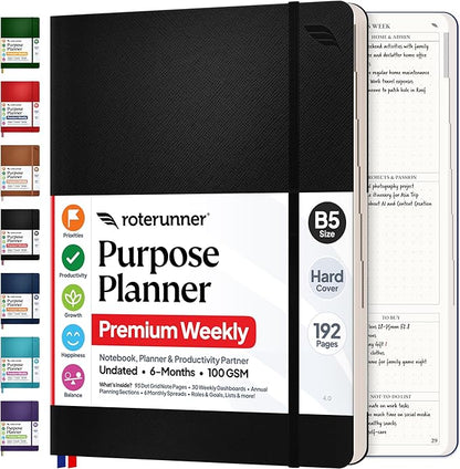 Purpose Planner Notebook B5 7.5”x9.8” Undated 2026 Daily Weekly and Monthly by Roterunner