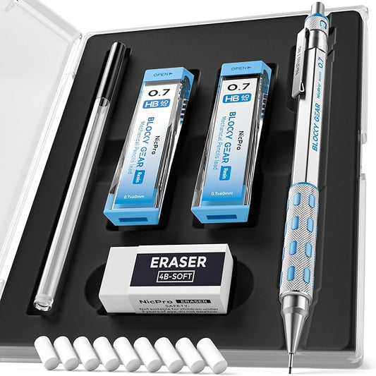 Nicpro Blocky Gear 0.7 mm Mechanical Pencils Set in Case, Metal Pencil by Nicpro