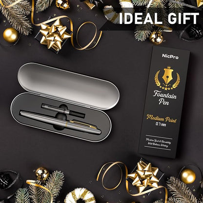 Nicpro Fountain Pen Set with Box, Classic Silver-Gold Fancy Pen with Converter - Image 7