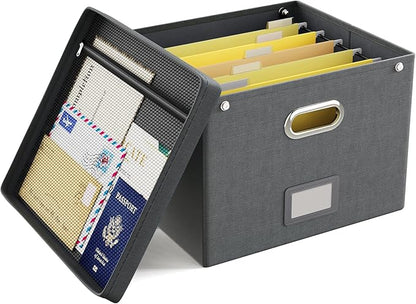 Oterri File Organizer Box with Lid, Large Hanging Filing Box with Mesh Pocket by Oterri