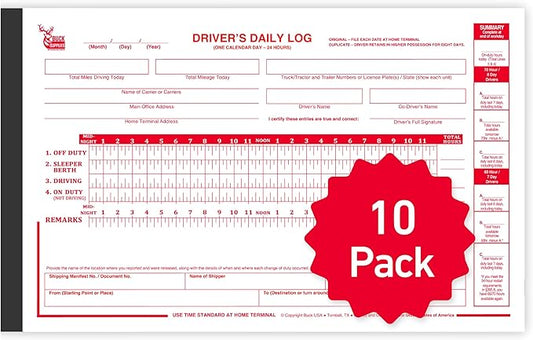 10 Pack Driver Daily Log Books for Truck Drivers by BuckUSA
