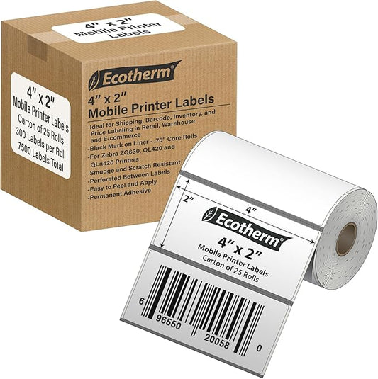 4" x 2" Mobile Printer Labels | 25 Rolls | 7500 Labels | fits Zebra ZQ630 by EcothermProducts