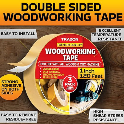 Trazon Double Sided Woodworking Tape Super Strong, 3 Pack, 1 Inch x 120 Feet - Image 2
