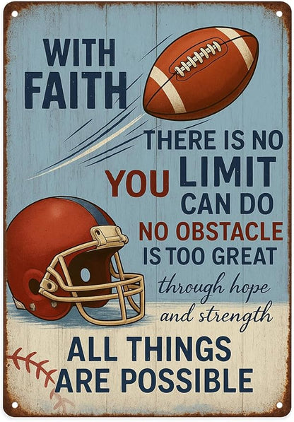With Faith Football Metal Sign – Vintage Christian Sports Wall Art by SKYOCEAN