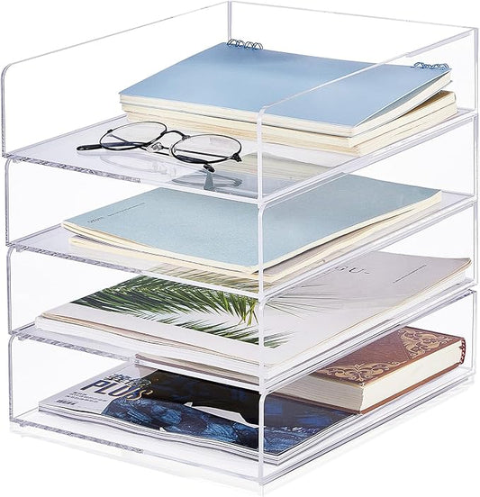 Harloon 4 Tier Acrylic Paper Tray 12 x 9.3 x 2.7 Inches Stackable Letter Clear by Muasung