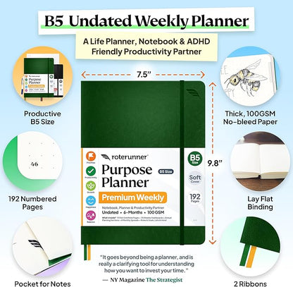 Roterunner Purpose Planner Notebook B5 7.5”x9.8” Undated 2026 Daily Weekly and - Image 2