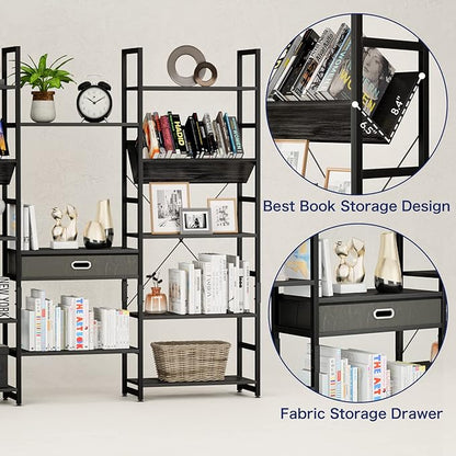 NUMENN Triple Wide 5 Tier Bookshelf, Adjustable Rustic Industrial Style Book - Image 6