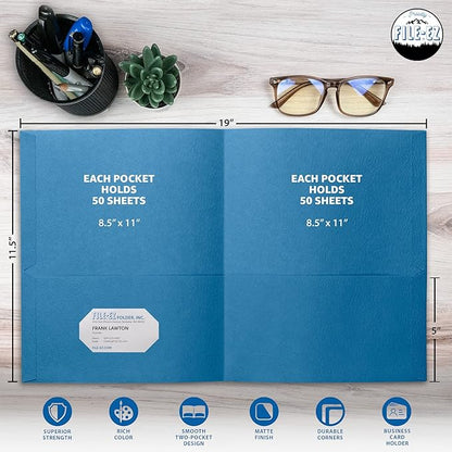 FILE-EZ Two-Pocket Folders, Light Blue, Textured Paper, Letter Size - Image 2