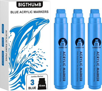 BIGTHUMB 3 Pcs Blue Jumbo Permanent Markers: 15mm Wide Tip Thick Acrylic Paint by BIGTHUMB
