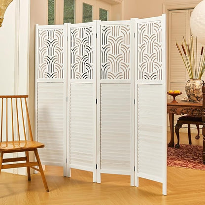 Svimi Folding Room Divider, 66.9 Inch 4 Panels Wood Carved Privacy Screens - Image 2