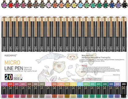 huesamhi 005 Micro Pen, 20 Colors Waterproof Ink 0.20mm Fine Tip FineLiner Pens by Unknown
