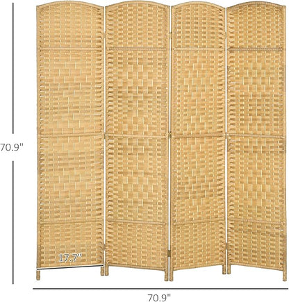 HOMCOM 4 Panel Room Divider, Hand-Woven Freestanding Wood Partition - Image 7