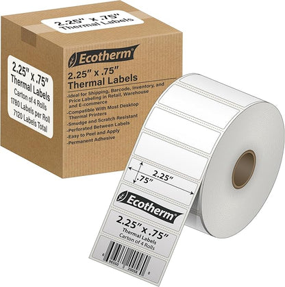2.25" x .75" Thermal Labels | 4 Rolls | 7120 Labels | fits Zebra, Offnova by EcothermProducts