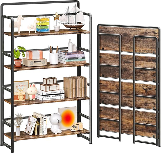 4NM No Assembly Extra Wide 4 Tiers Folding Bookshelf Storage Shelves Vintage by 4NM
