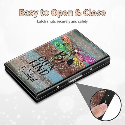 BWEGRHE Slim Credit Card Holder, Dragonfly Glitter Wood RFID Blocking Metal - Image 6
