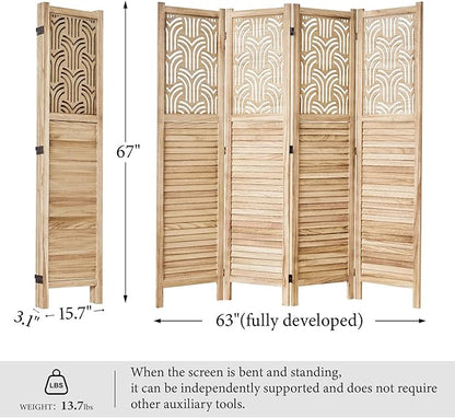 Svimi Folding Room Divider, 66.9 Inch 4 Panels Wood Carved Privacy Screens - Image 7