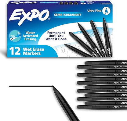 EXPO Visa Vis Wet Erase Markers Fine Point Black 12-Pack Ideal by EXPO