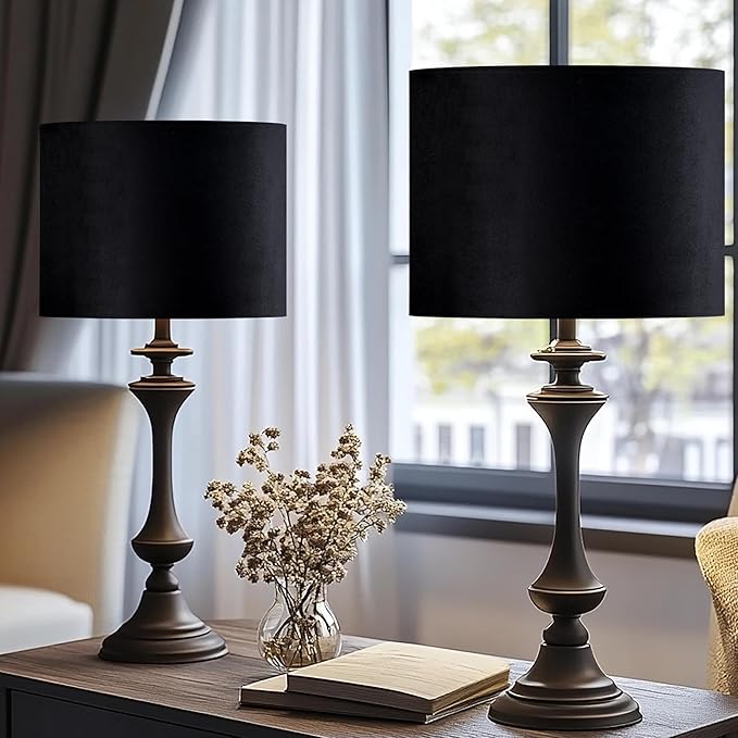 GO&SO Black Velvet Lamp Shades Set of 2 Medium Drum Lampshades -13" Top x 13" - Image 9