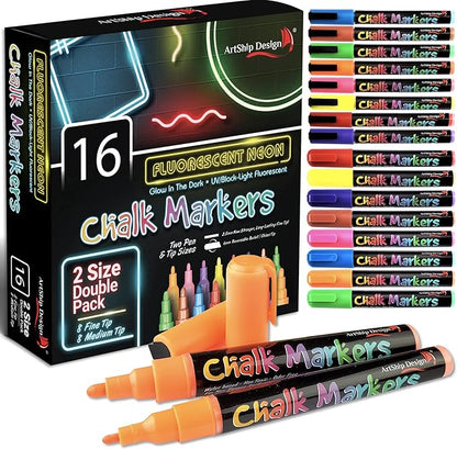16 UV Fluorescent Neon Chalk Markers by ArtShipDesign