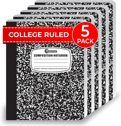 Rosmonde College Ruled Composition Notebooks 5 Pack, 200 Pages, 9-3/4" x 7-1/2" by Rosmonde