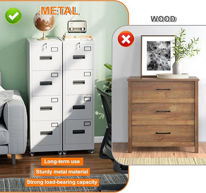 METAN 4 Drawer File Cabinet on Wheels, Lockable Metal Filing Cabinet - Image 7