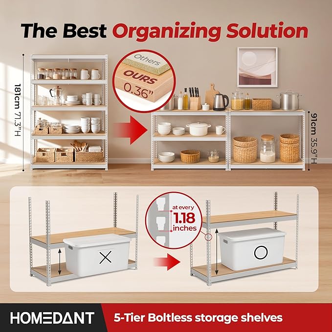HOMEDANT 47.7" W Deep 5 Tier Heavy Duty Garage Shelving Adjustable Metal Rack - Image 3