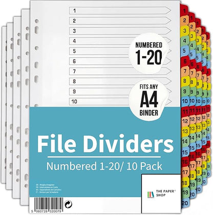 Binder Dividers with Tabs 1-20 Numbered – A4 | Dividers by ThePaperShop